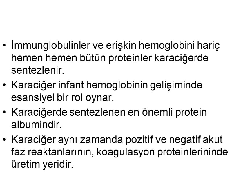 İmmunglobulinler ve erişkin hemoglobini hariç hemen hemen bütün proteinler karaciğerde sentezlenir. Karaciğer infant hemoglobinin